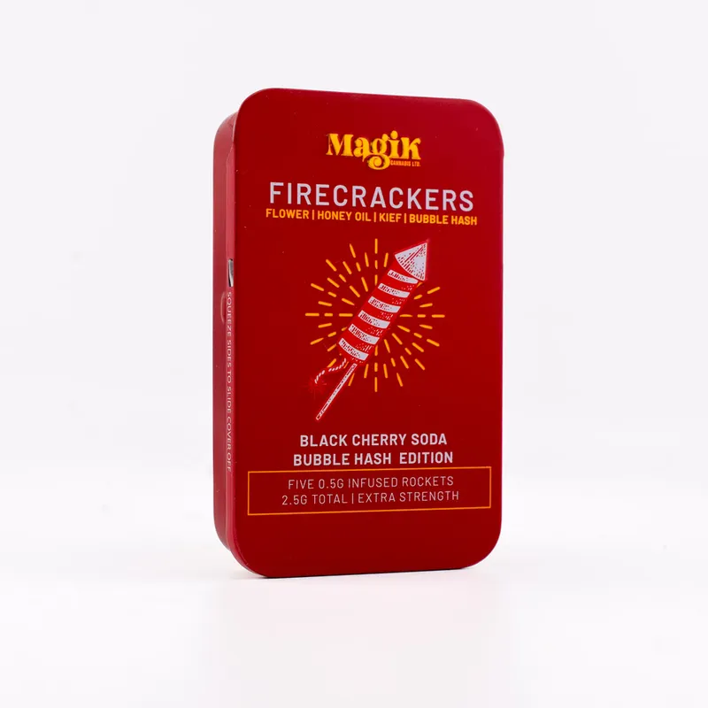Magik_Firecrackers_BlackCherrySoda_BubbleHash_01 Magik's Firecrackers Infused Pre Roll Joints - Black Cherry Soda Bubble Hash Edition - Image 1